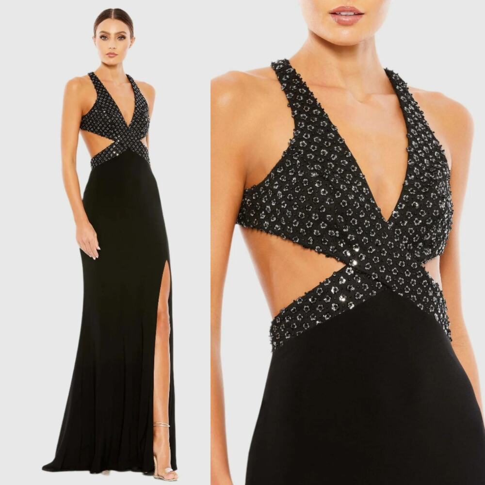Mac Duggal 68166 Black Sequin Cutout Waist Cross High Slit Formal Evening Gown 8